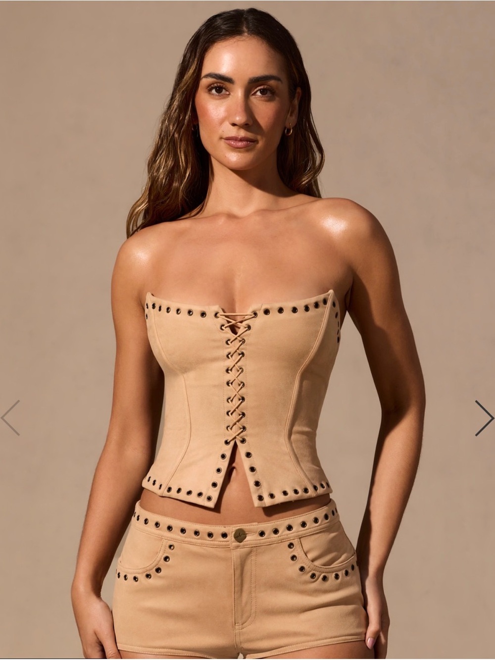 Oh Polly matching set - Lace-Up Corset Top  and low rise mini shorts in Tan